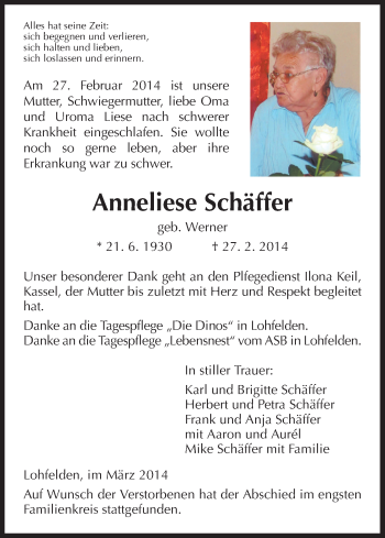 Traueranzeige von Anneliese Schäffer von HNA