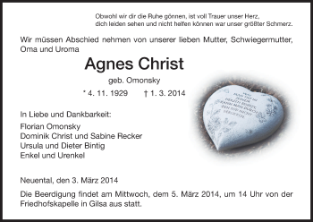 Traueranzeige von Agnes Christ von HNA