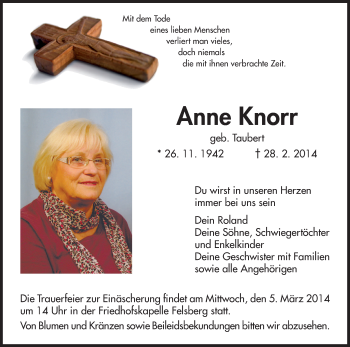 Traueranzeige von Anne Knorr von HNA
