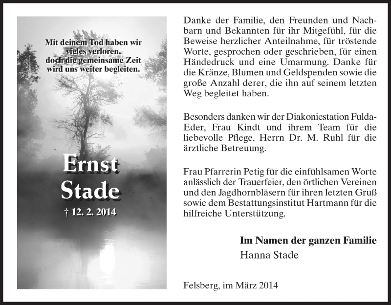  Traueranzeige für Ernst Stade vom 08.03.2014 aus HNA
