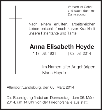 Traueranzeige von Anna Elisabeth Heyde von HNA