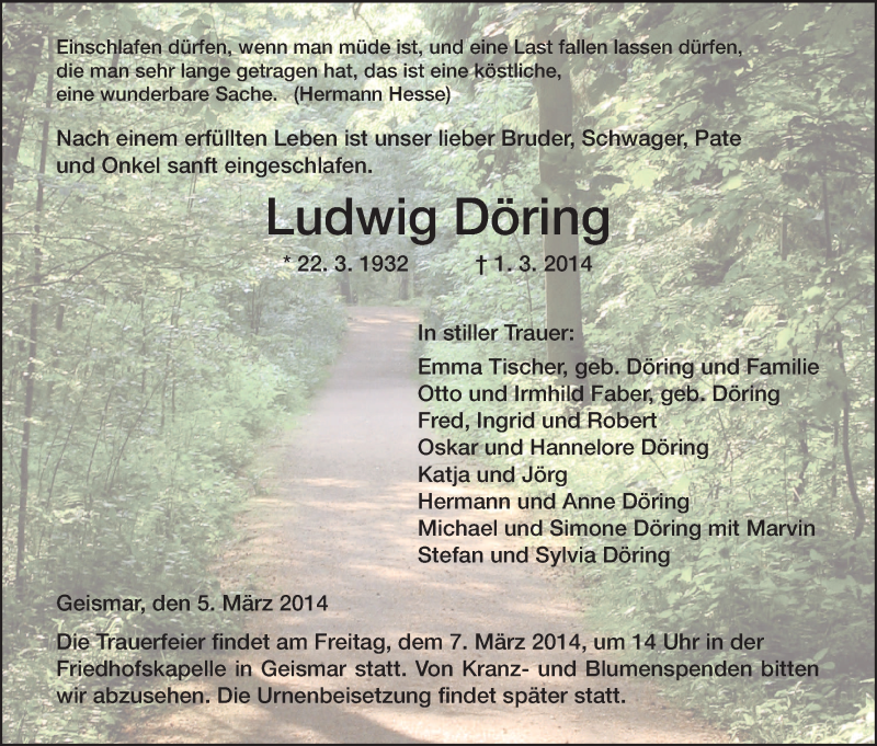  Traueranzeige für Ludwig Döring vom 05.03.2014 aus HNA