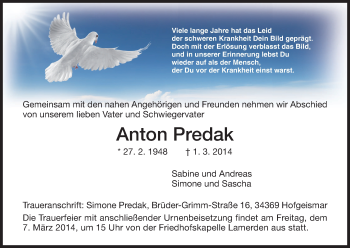 Traueranzeige von Anton Predak von HNA
