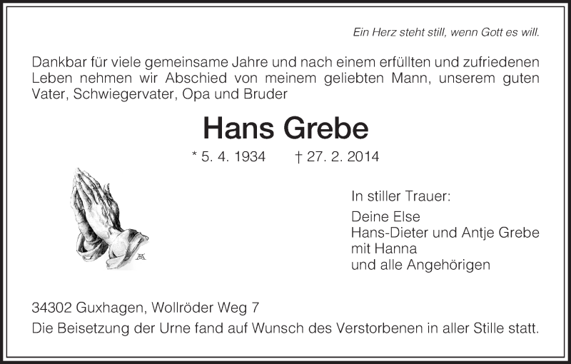  Traueranzeige für Hans Grebe vom 08.03.2014 aus HNA