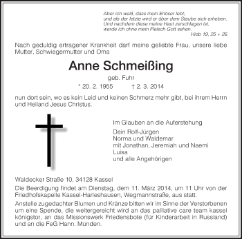 Traueranzeige von Anne Schmeißing von HNA