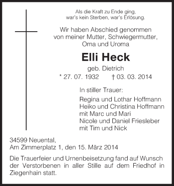 Traueranzeige von Elli Heck von HNA