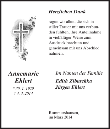 Traueranzeige von Annemarie Ehlert von HNA