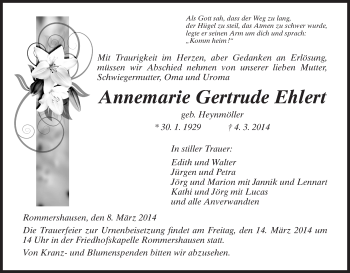 Traueranzeige von Annemarie Gertrude Ehlert von HNA