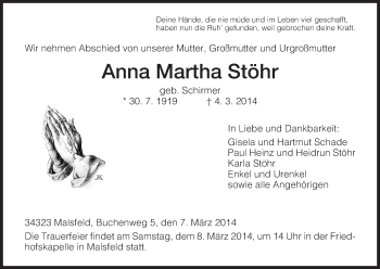 Traueranzeige von Anna Martha Martha von HNA