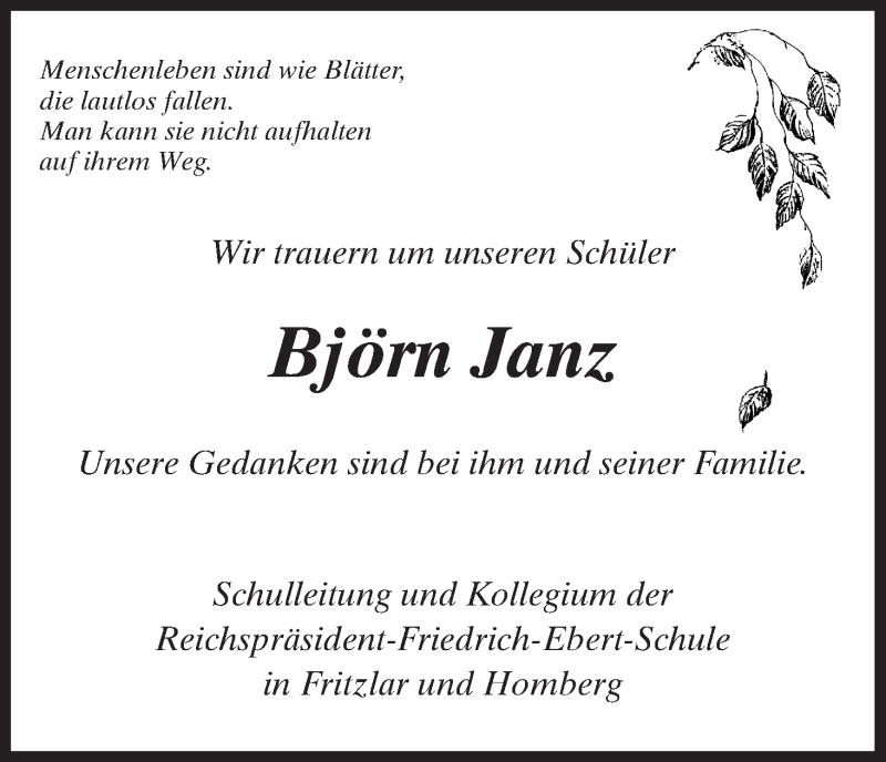  Traueranzeige für Björn Janz vom 07.03.2014 aus HNA