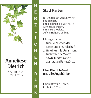 Traueranzeige von Anneliese Dietrich von HNA