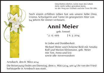 Traueranzeige von Anni Meier von HNA