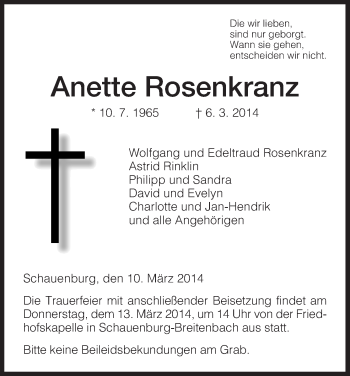Traueranzeige von Anette Rosenkranz von HNA