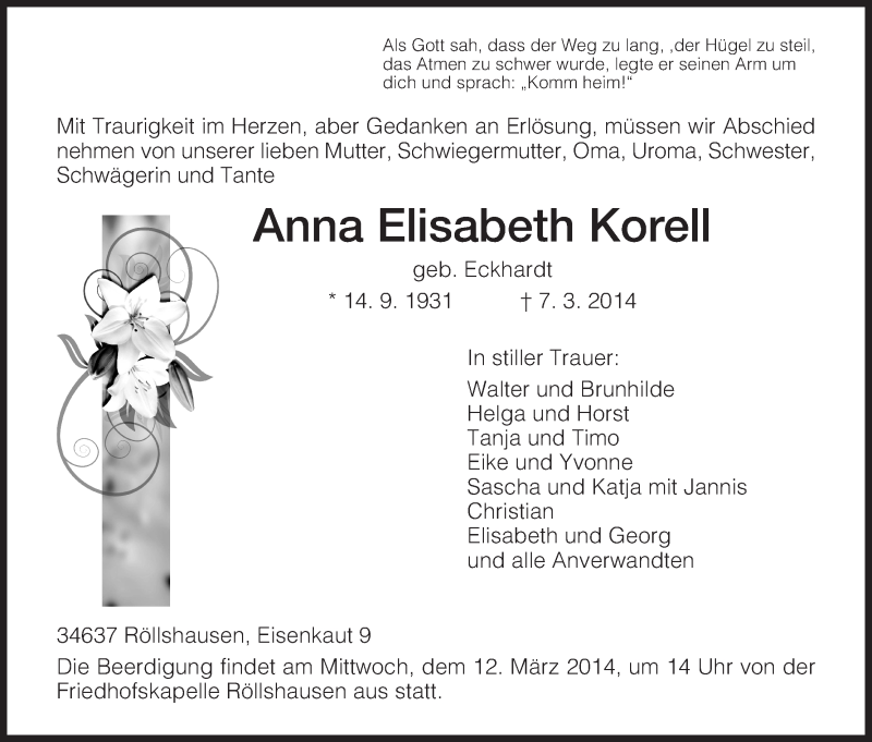  Traueranzeige für Anna Elisabeth Korell vom 10.03.2014 aus HNA