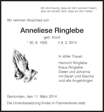Traueranzeige von Anneliese Ringlebe von HNA
