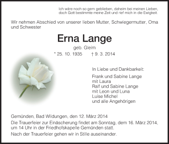 Traueranzeige von Erna Lange von HNA