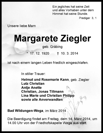 Traueranzeige von Margarete Ziegler von HNA