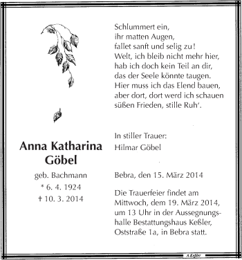 Traueranzeige von Anna Katharina Göbel von HNA