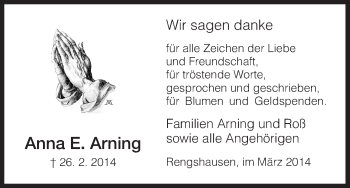 Traueranzeige von Anna E. Arning von HNA