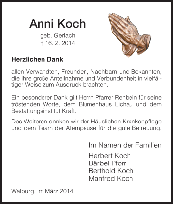 Traueranzeige von Anni Koch von HNA