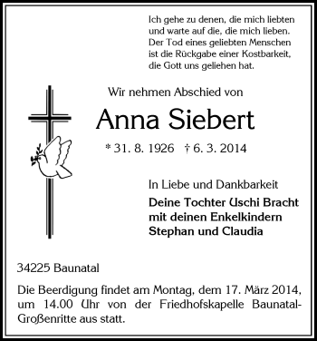 Traueranzeige von Anna Siebert von HNA