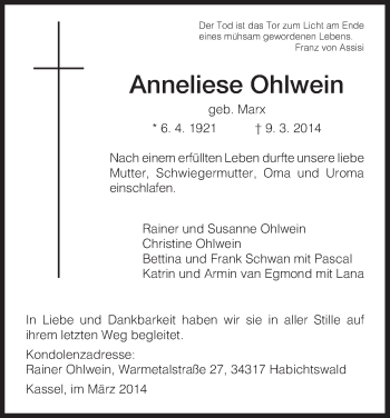 Traueranzeige von Anneliese Ohlwein von HNA