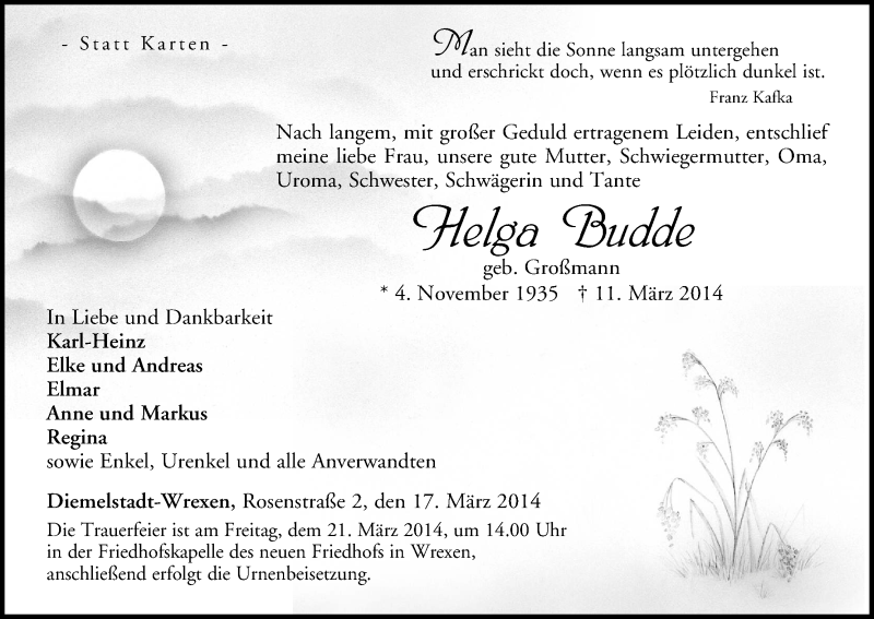  Traueranzeige für Helga Budde vom 17.03.2014 aus HNA