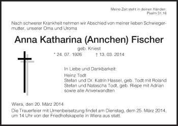 Traueranzeige von Anna Katharina Fischer von HNA