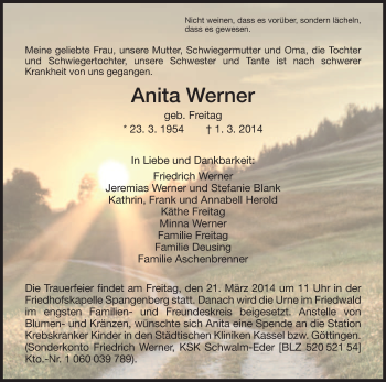 Traueranzeige von Anita Werner von HNA