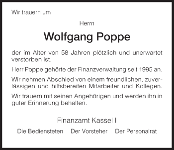Traueranzeige von Wolfgang Poppe von HNA