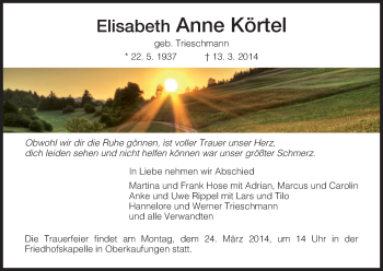 Traueranzeige von Elisabeth Anne Körtel von HNA
