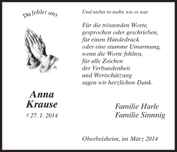 Traueranzeige von Anna Krause von HNA