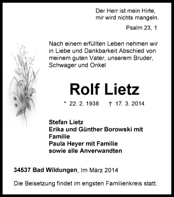 Traueranzeige von Rolf Lietz von HNA