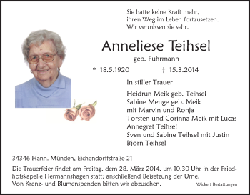 Traueranzeige von Anneliese Teihsel von HNA