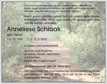 Traueranzeige von Anneliese Schlaak von HNA