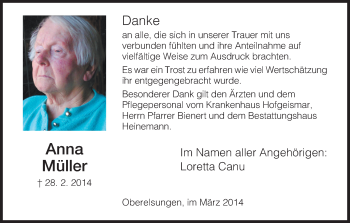 Traueranzeige von Anna Müller von HNA