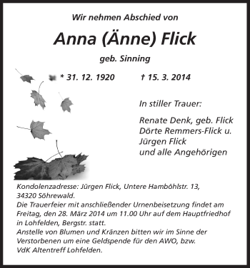 Traueranzeige von Anna  Flick von HNA