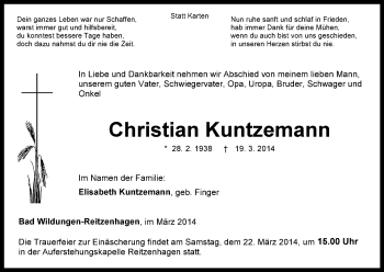 Traueranzeige von Christian Kuntzemann von HNA