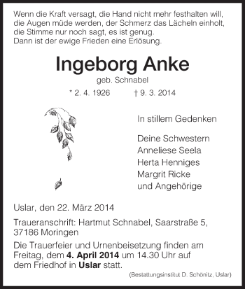Traueranzeige von Ingeborg Anke von HNA