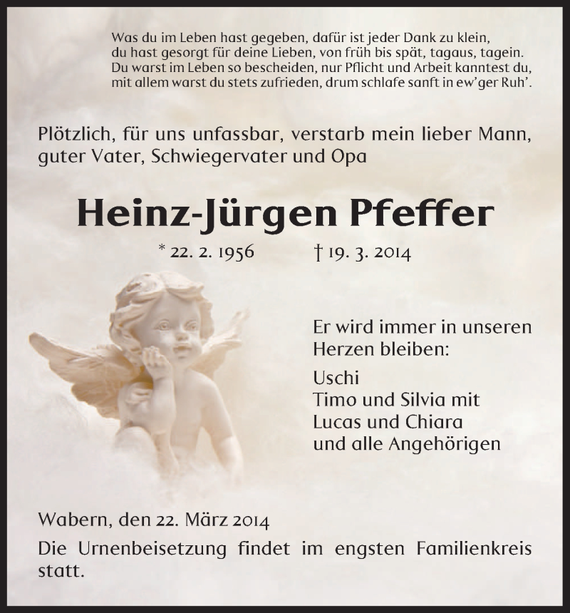 Traueranzeige für Heinz-Jürgen Pfeffer vom 22.03.2014 aus HNA