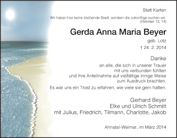 Traueranzeige von Gerda Anna Maria Beyer von HNA