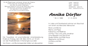 Traueranzeige von Annika Dörfler von HNA