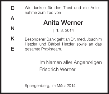 Traueranzeige von Anita Werner von HNA