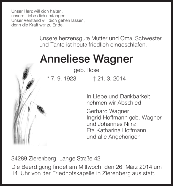 Traueranzeige von Anneliese Wagner von HNA