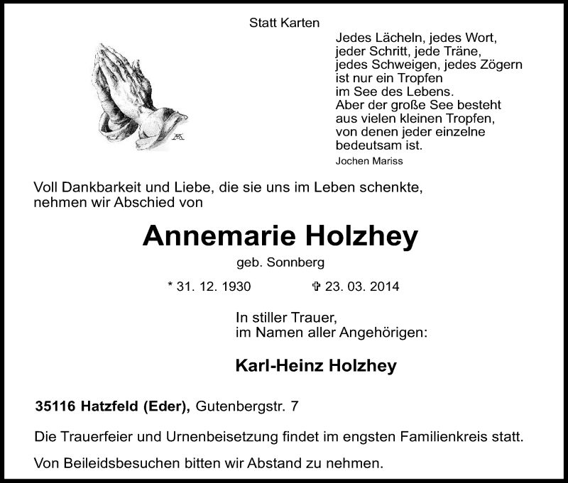  Traueranzeige für Annemarie Holzhey vom 25.03.2014 aus HNA