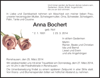 Traueranzeige von Anna Bochert von HNA