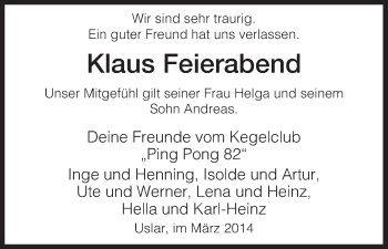 Traueranzeige von Klaus Feierabend von HNA