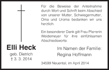 Traueranzeige von Elli Heck von HNA