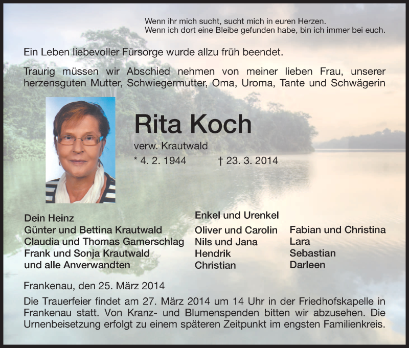  Traueranzeige für Rita Koch vom 25.03.2014 aus HNA