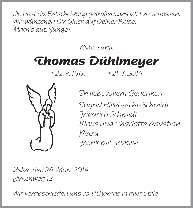  Traueranzeige für Thomas Dühlmeyer vom 26.03.2014 aus HNA